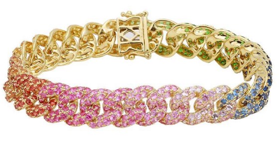 14k Gold Rainbow Sapphire Pave Cuban Link Bracelet