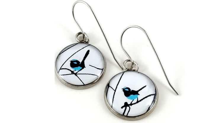 Handmade Round Resin Blue Wren Surgical Steel Earrings- ResinateDesigns