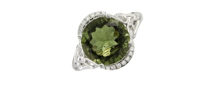 Heavenly Treasure Moldavite Gemstone Rings in White Gold with Diamonds