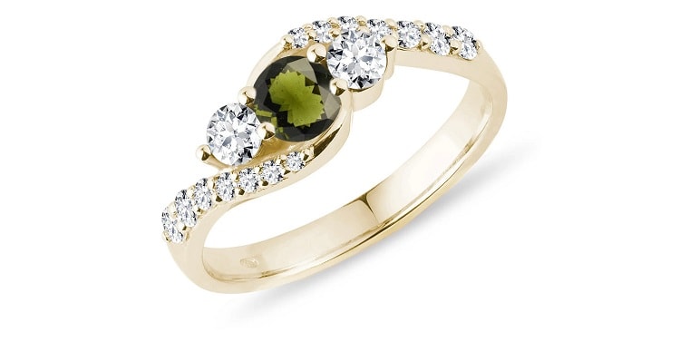 Klenot Moldavite and Diamond Ring in Yellow Gold