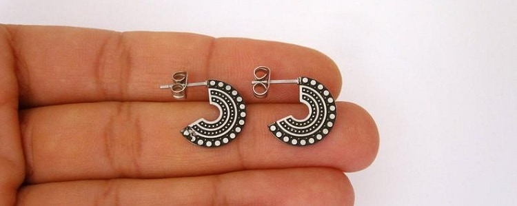 Ornate Semi Circle Surgical Steel Stud Earrings- Elisilverdesigns