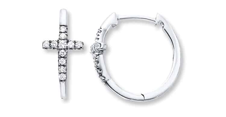 Sterling Silver Cross Hoop Earrings with Diamond Accents- Kay