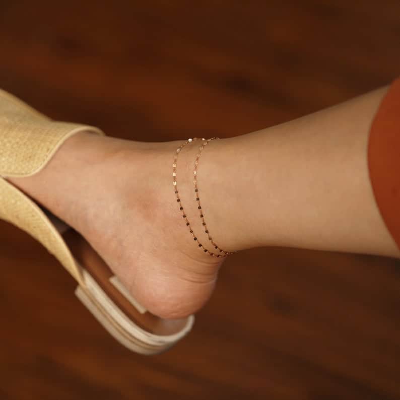 14K Double-Stranded Glitter Chain Anklet