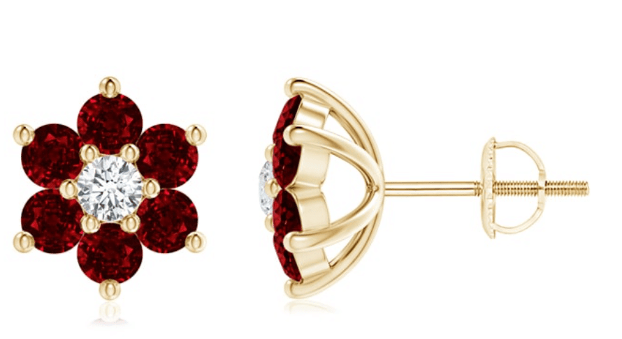 Six Petal Diamond and Ruby Stud Earrings