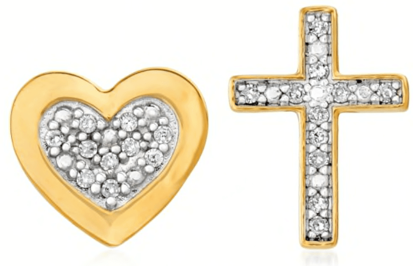 Diamond Accented Heart and Cross Mismatched Stud Earrings