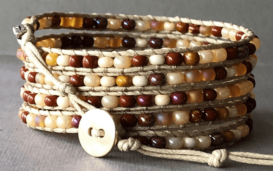 Czech Glass and Beaded Cotton Wrap Anklet