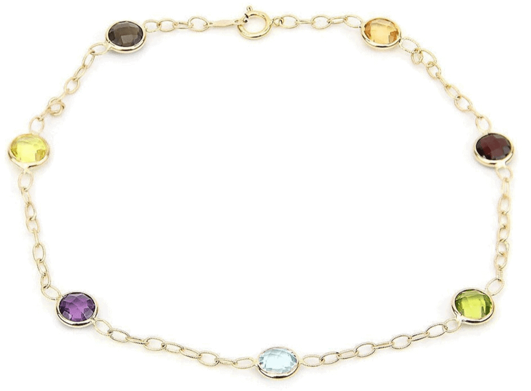 Yellow Gold Gemstone Anklet Bracelet with Corrugated Link