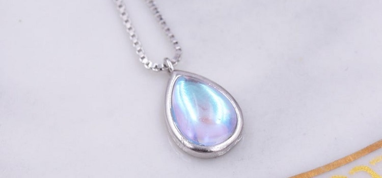 Aurora Moonstone Pendant Necklace in Sterling Silver, Pear-Cut Aurora Crystal Droplet, Simulated Moonstone Necklace, Color Changing Crystal