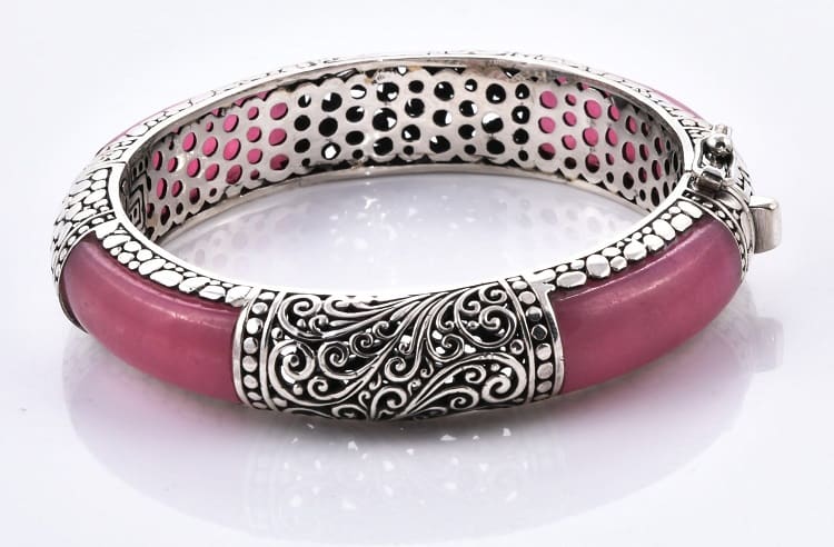 Bali Jewelry Handcrafted 925 Sterling Silver Pink Jade Bangle (53.8g)