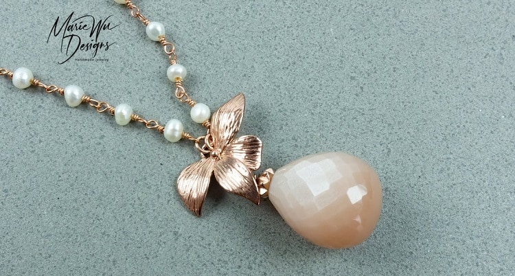 Chatoyant Peach Moonstone-Fresh Water Pearls-Blossom-Floral-Rose Gold Pendant Adjustable Necklace