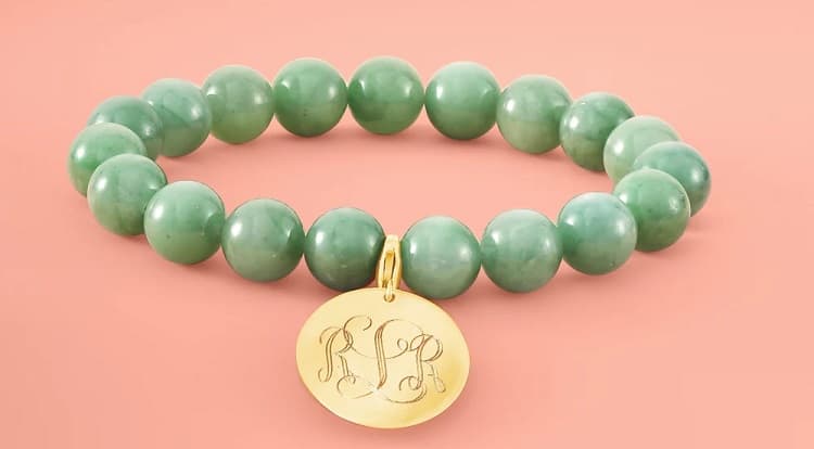 Jade Bead Stretch Bracelet with 14kt Yellow Gold Personalized Disc Charm