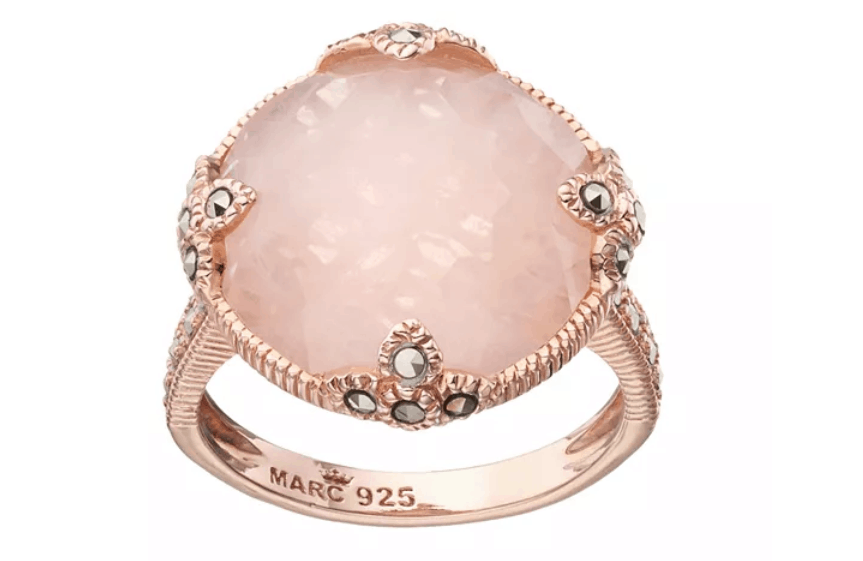 Lavish by TJM 18k Rose Gold Over Silver Rose Quartz & Marcasite Circle Ring