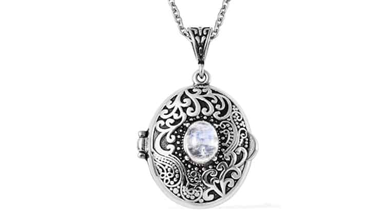 SHOP LC DELIVERING JOY Stainless Steel Oval White Moonstone Locket Necklace Pendant 24" Custom Stylish Delicate Jewelry Gifts for Her Gifts for Women