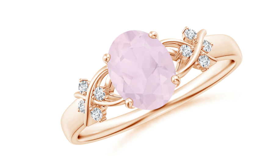 Solitaire Oval Rose Quartz Criss Cross Ring with Diamonds