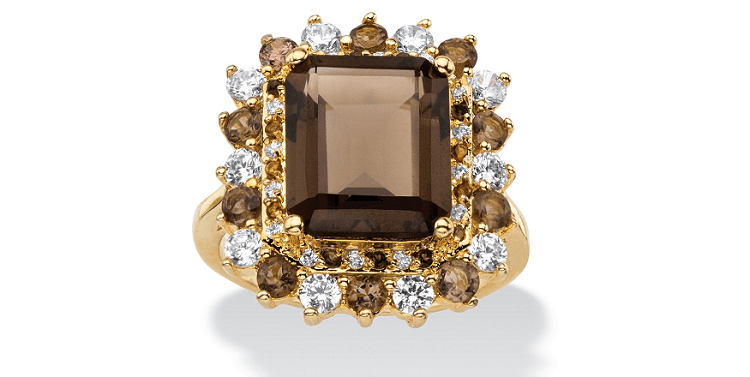 9.62 TCW Emerald-Cut Genuine Smoky Topaz And CZ Accent Halo Cocktail Ring Gold-Plated