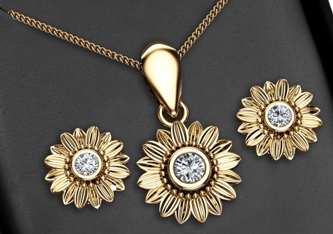 Sunflower Diamond Pendant and Earrings Set