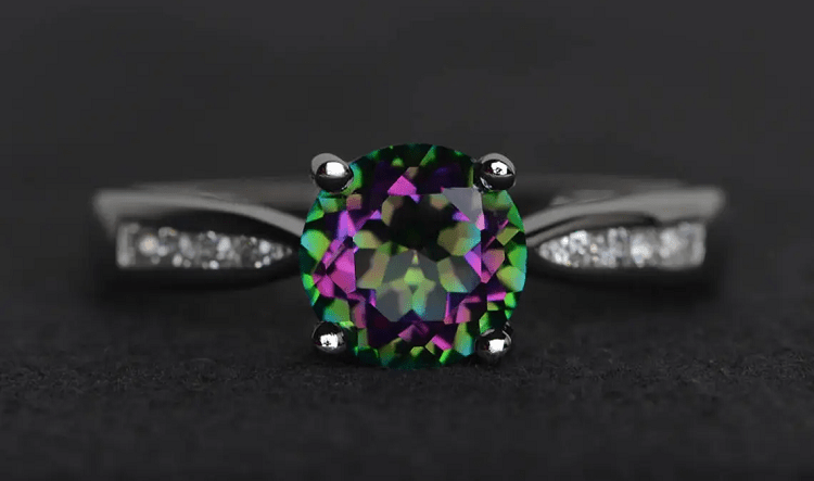 XiaoCuiJewelry Mystic Topaz Ring Round Cut Rainbow Topaz Sterling Silver Engagement Ring