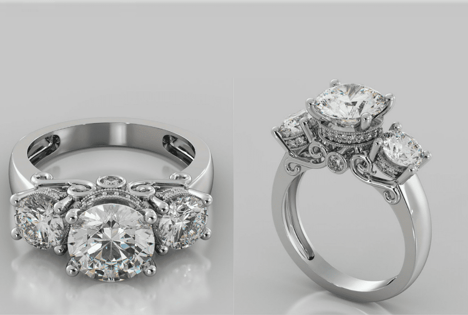 Three-Stone Filigree Engagement Ring In 14K White Gold