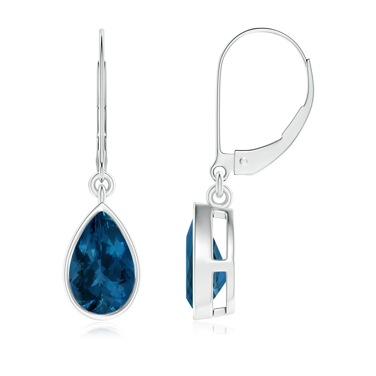 Bezel-Set Pear London Blue Topaz Leverback Drop Earrings | Angara