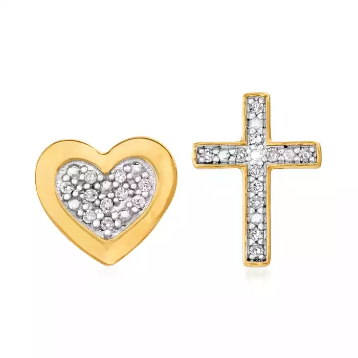 Diamond-Accented Cross and Heart Mismatched Stud Earrings | Ross-Simons