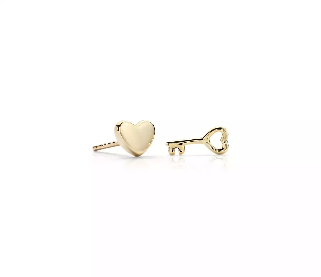 Heart and Key Mismatched Stud Earrings | Blue Nile