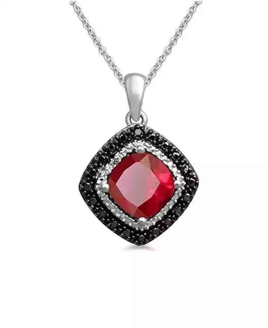 Jewelili 8MM Cushion Shape Necklace Pendant in Sterling Silver with Diamonds and Gemstone Options