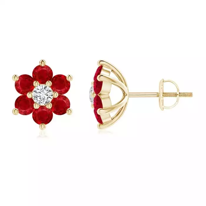 Six Petal Diamond and Ruby Flower Stud Earrings | Angara