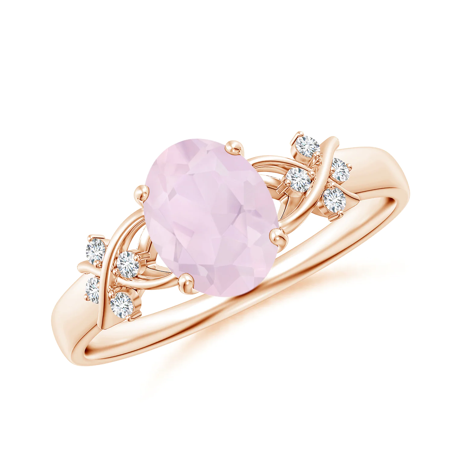 Solitaire Oval Rose Quartz Criss Cross Ring with Diamonds | Angara