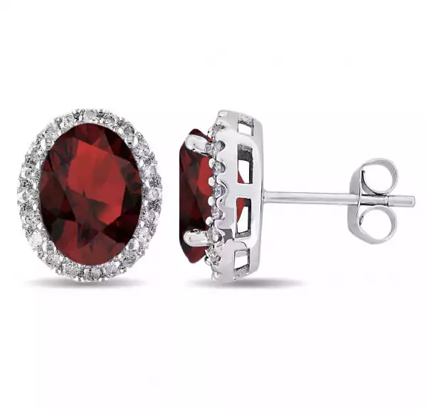 Oval Garnet & Halo Diamond Stud Earrings | Allurez