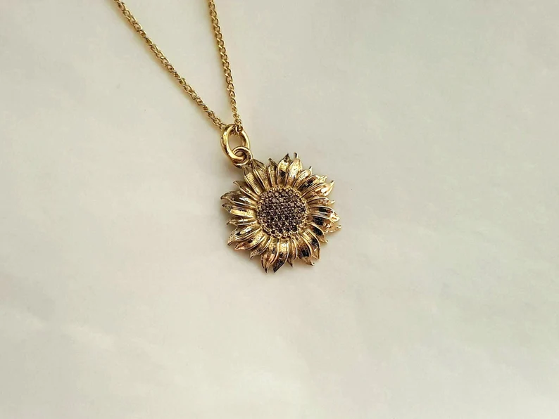 Solid Gold Sunflower Necklace Pendant | Etsy